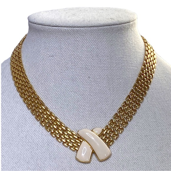 Vintage 1980s gold tone mesh choker necklace with enamel x accent - Picture 1 of 10
